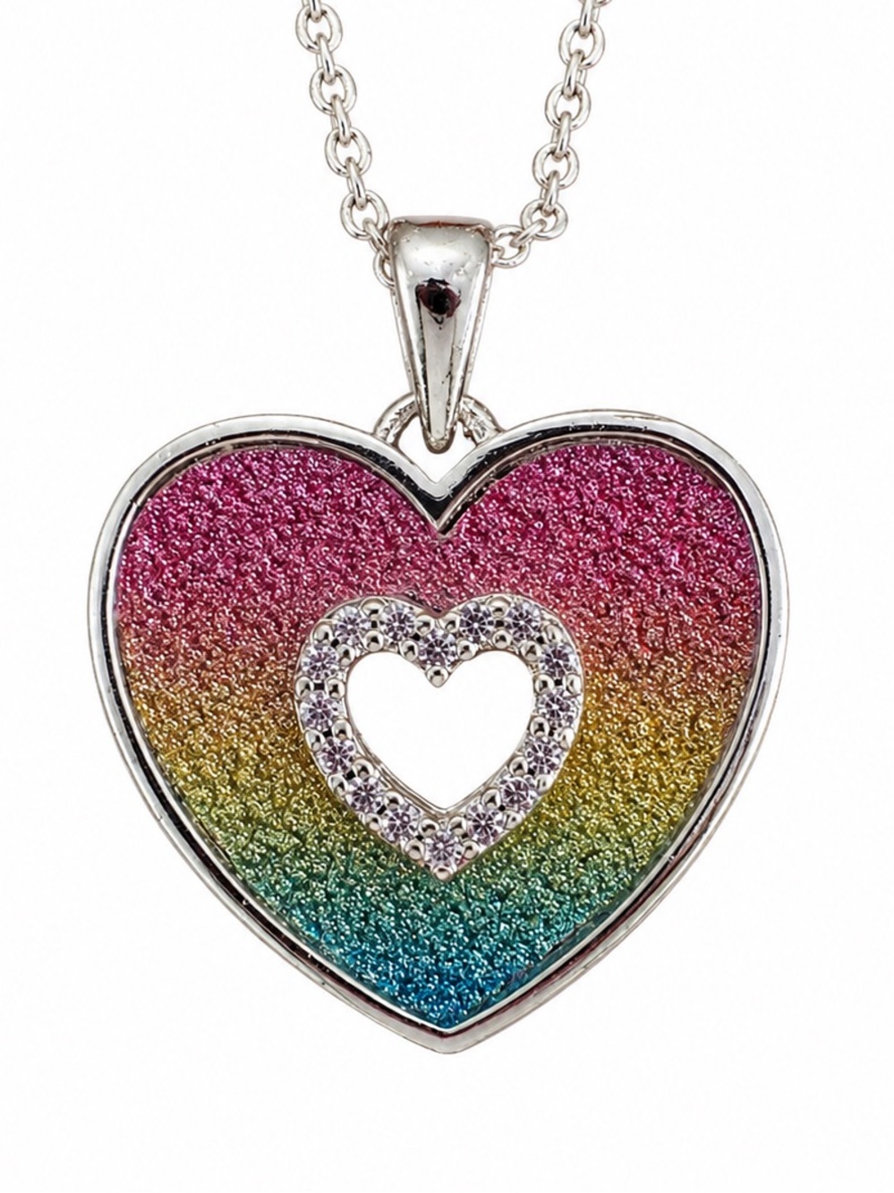 JCM CZ Rainbow Glitter Heart Pendant Necklace 18” Silver Tone Y2K silver brass